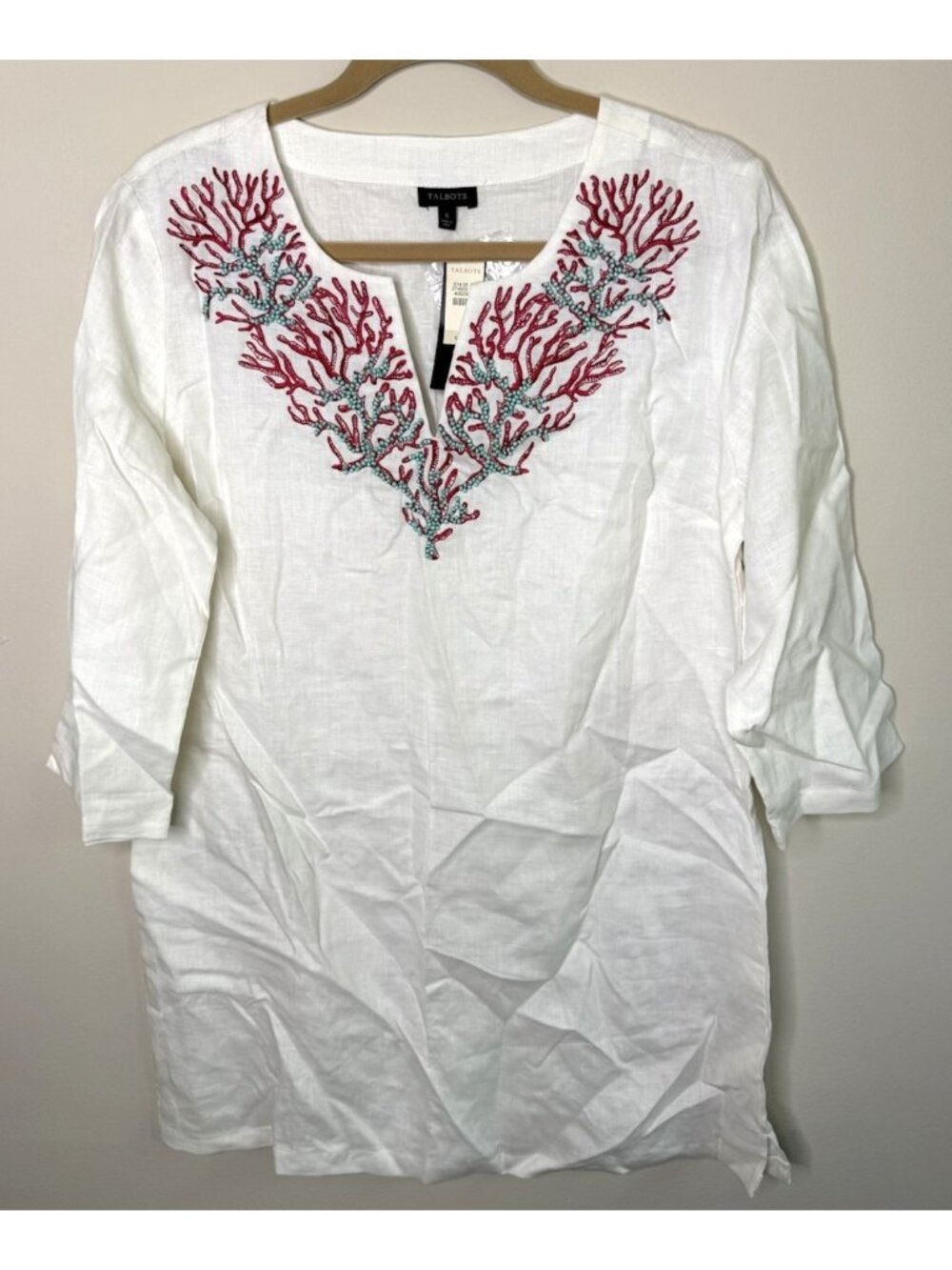 New Talbots Linen Tunic Shirt Top Embellished Coastal Beach